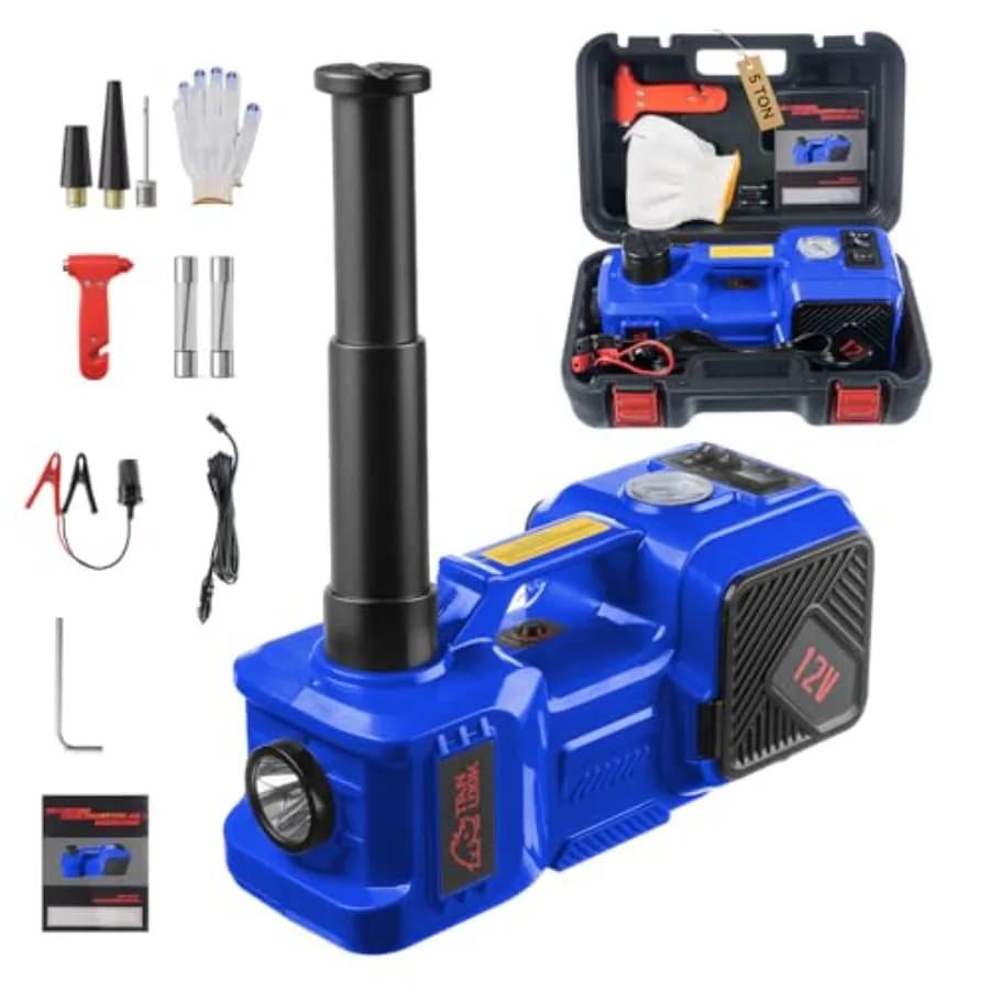 Kit Martinetto Elettrico per Auto con Sollevamento Idraulico 5 Tonnellate, Gonfiatore Pneumatici, Martinetto da Pavimento 12V per Auto Berlina, SUV, Monovolume e Camion. Ideale per