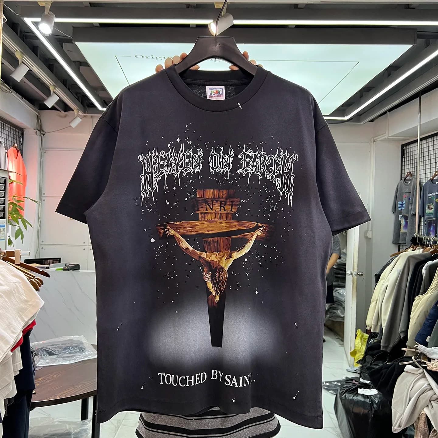 SAINT Mx6 T-shirt casual a maniche corte in cotone, stile American High Street, con stampa astratta effetto lavato, comoda e traspirante