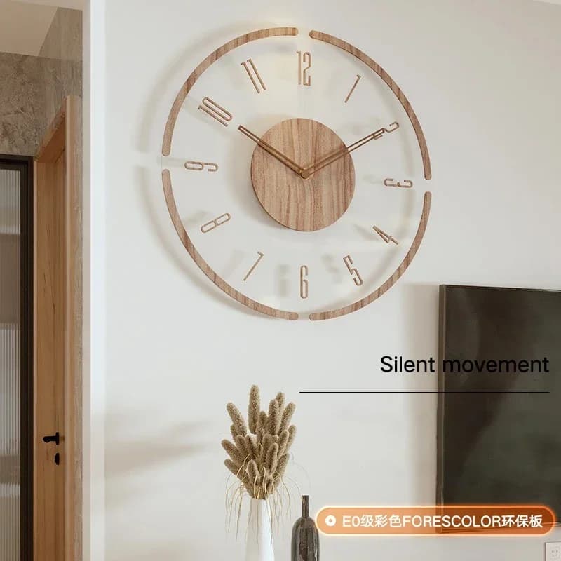 Transparent Wall Clock in Acrylic and Wood, Quiet, Modern, for Home Furniture, Living Room, Luxury Decoration