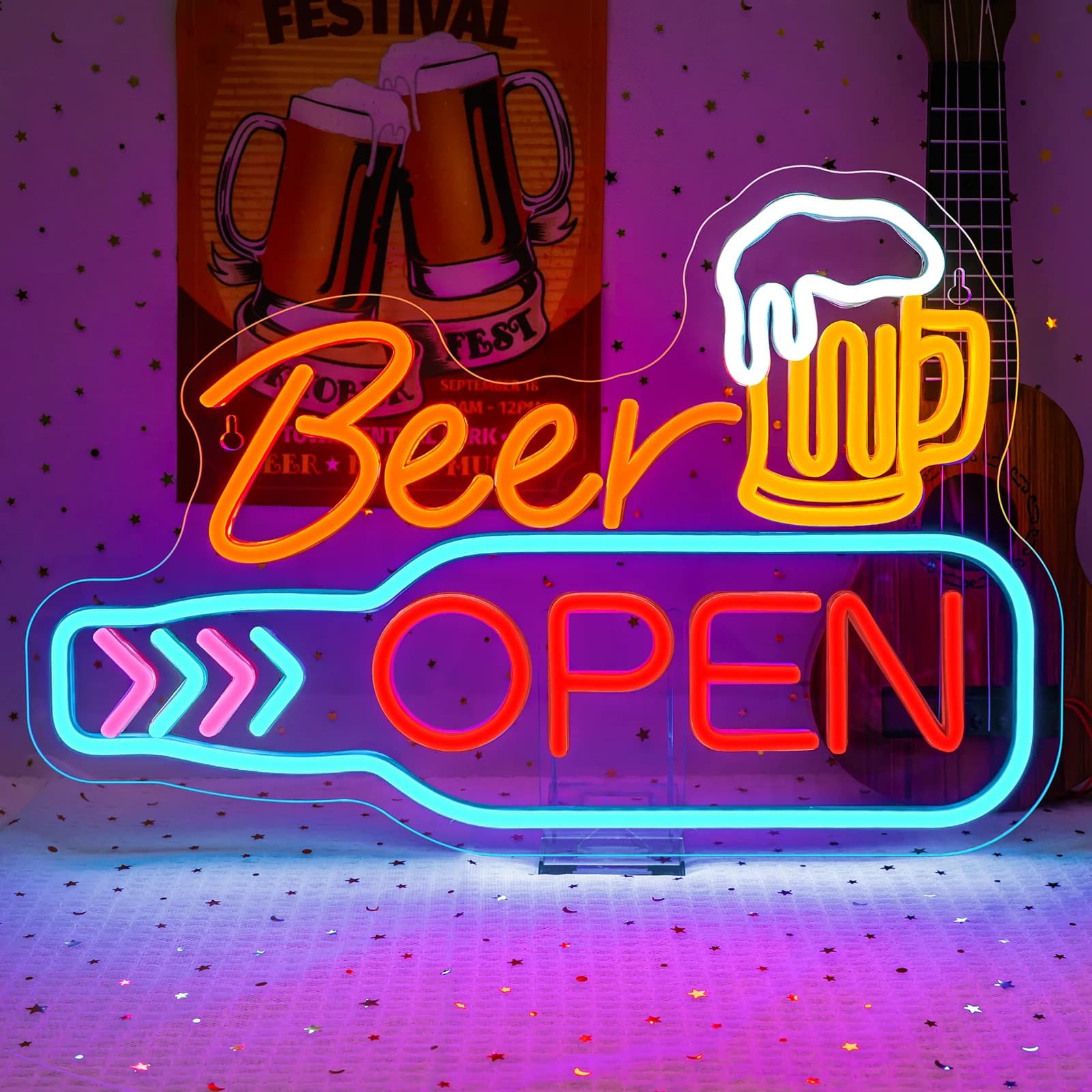 Insegna al neon aperta per birra fredda per la decorazione della parete Interruttore dimmerabile con alimentazione USB colorata per la decorazione del bistrot del bar del negozio della grotta dell'uomo