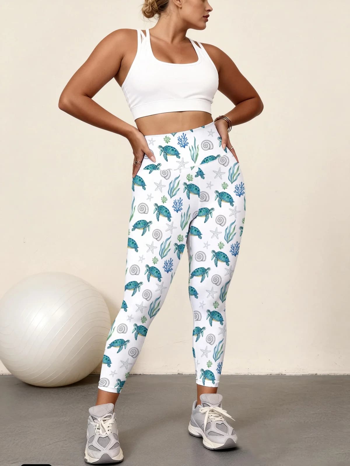 Watercolor style sea turtle full print women's high waisted yoga pants, high stretch quick drying sports leggings, gym fitness l