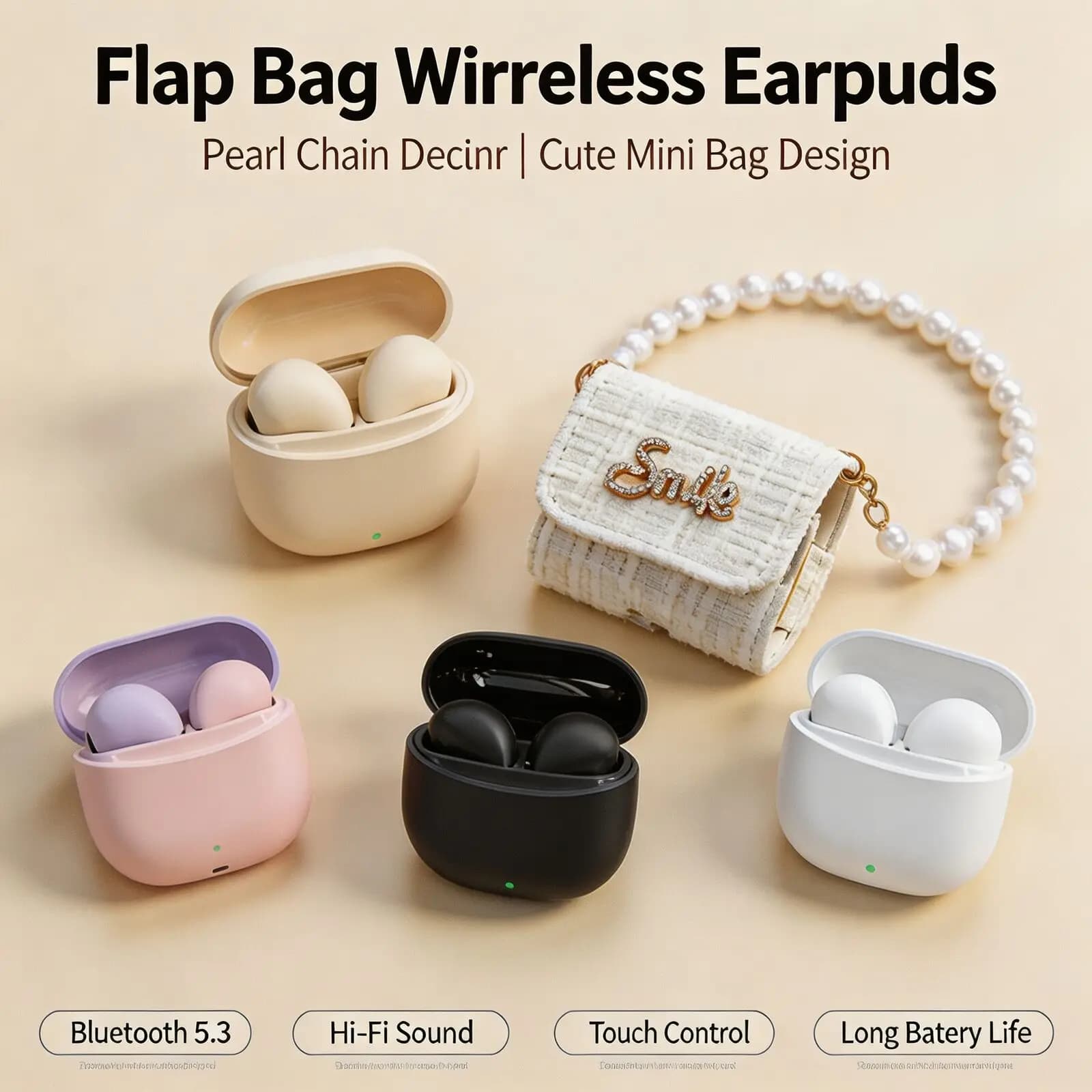 Bluetooth 5.4 Wireless Earphones Tweed Pearl Chain Bag 250mAh Case 5H Gaming Call 240H Standby Call Noise Reduction HiFi Headset