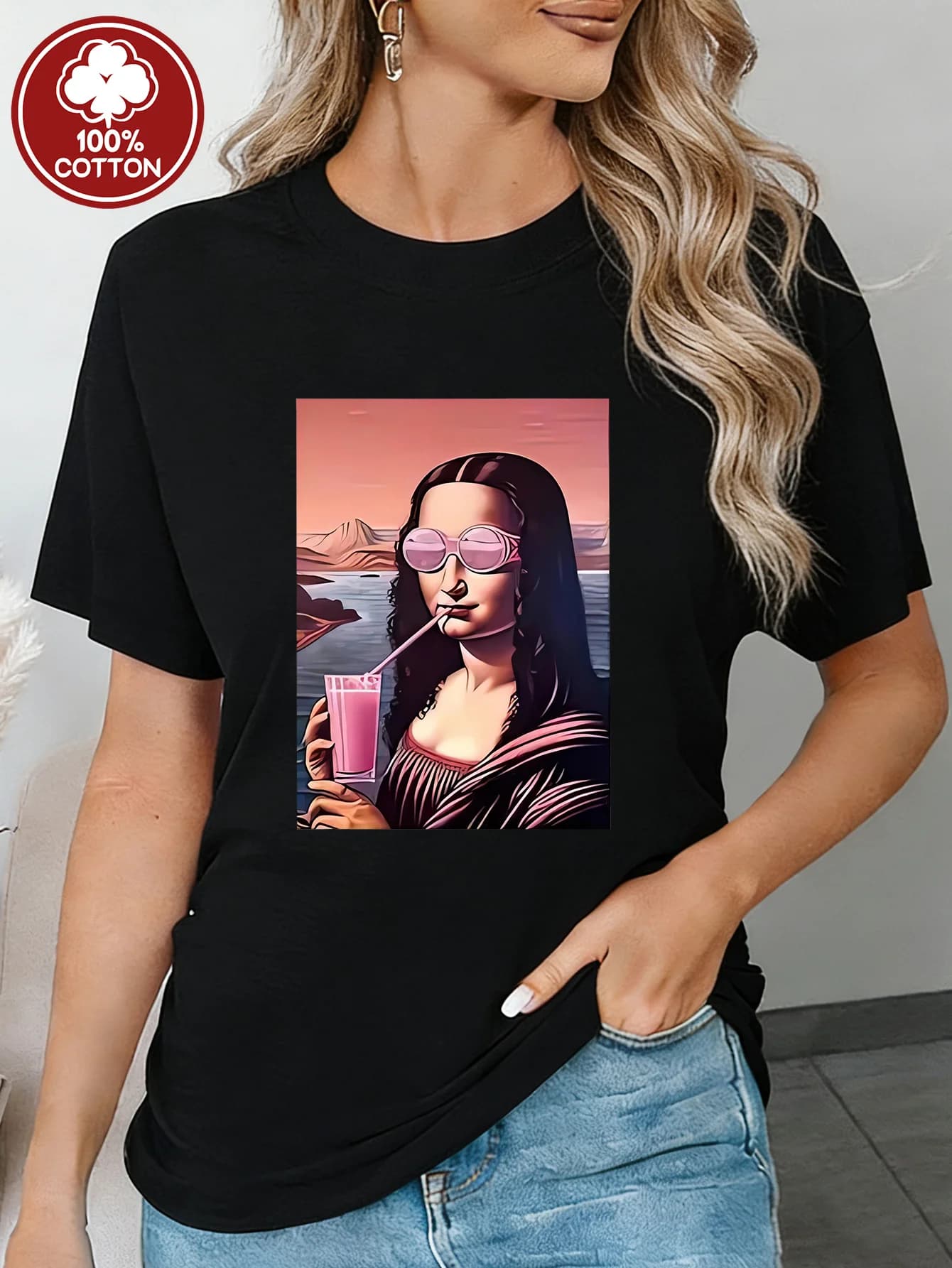 Mona Lisa Women's T-shirt European and American Funny Sunglasses Beverage Printed Short SleevesSummer Wear Art Enthusiast Top