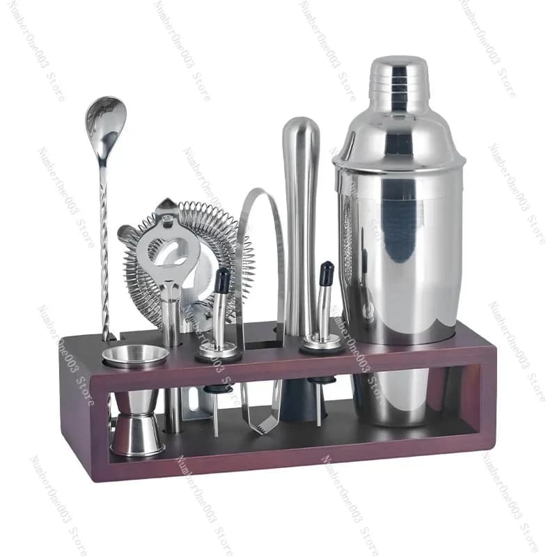 Set di shaker in acciaio inossidabile con supporto in legno Set di bicchieri da cocktail completo