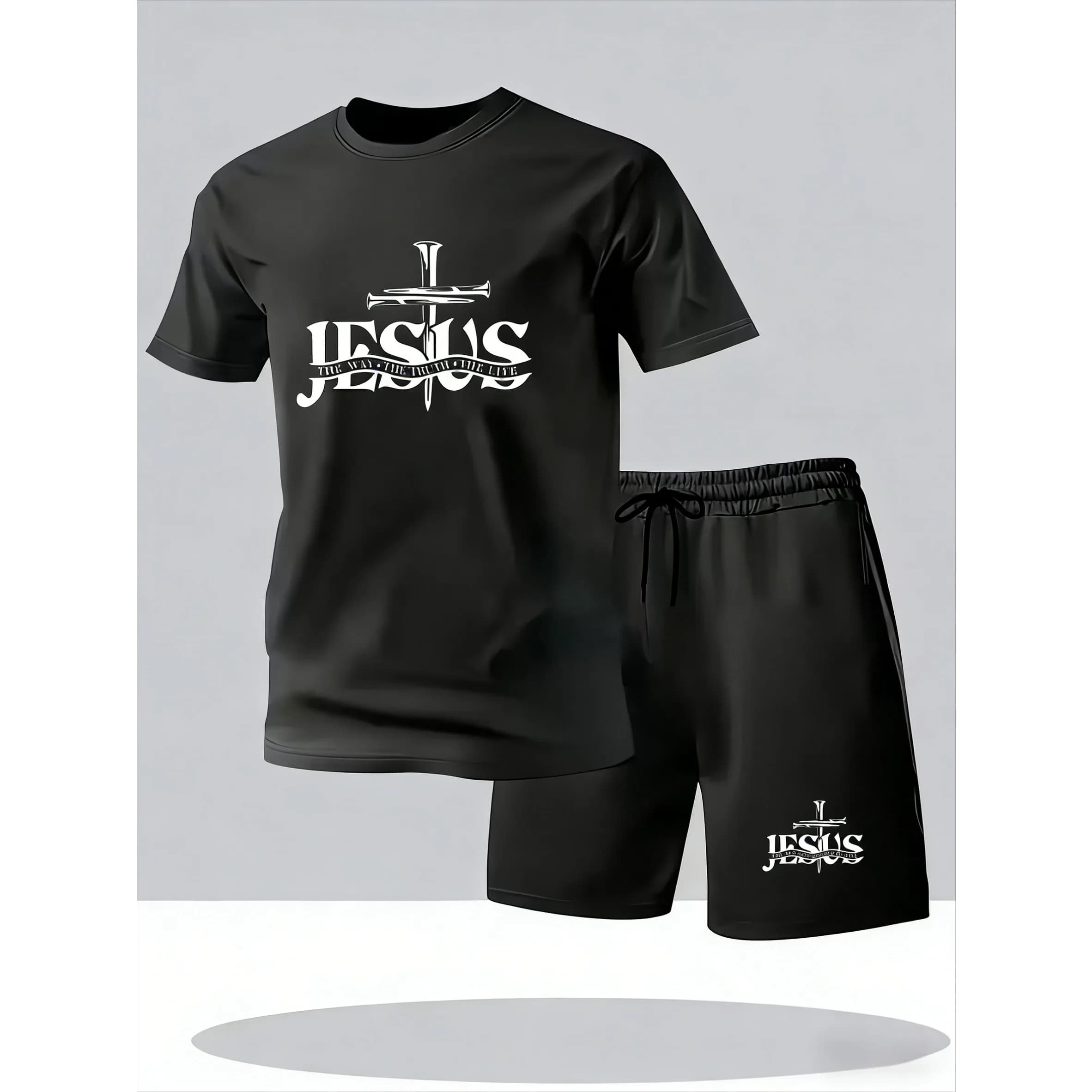 Set di t-shirt e pantaloncini da uomo in rete traspirante con stampa incrociata, abbigliamento sportivo casual estivo, stile ampio e allungato