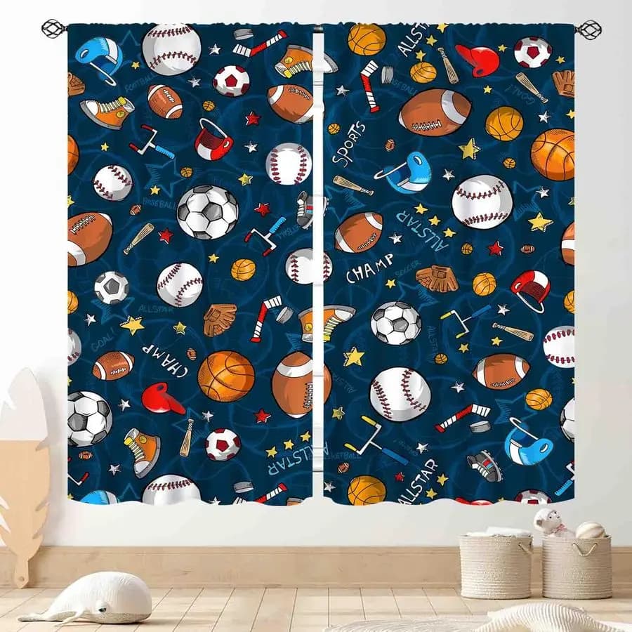 Kids bedroom curtains, navy blue blinds with sports balloons (basket, football, baseball) for windows