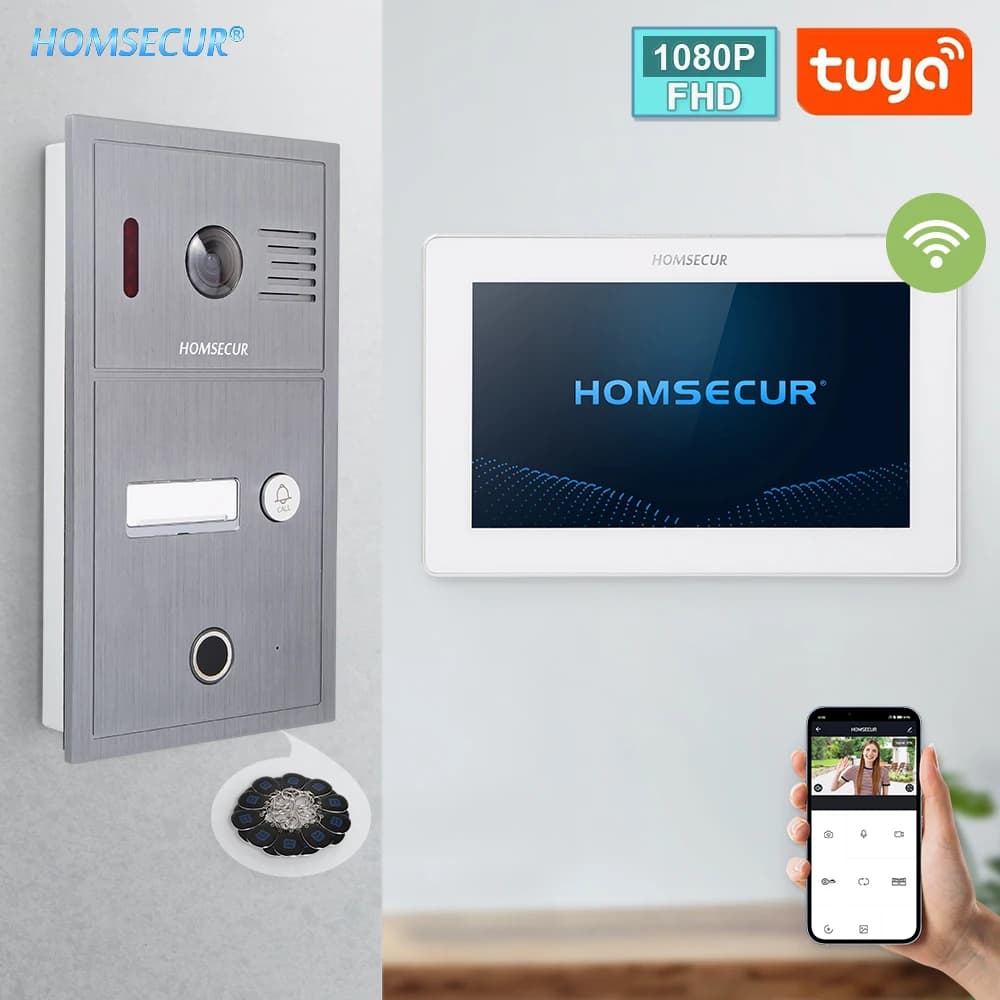 HOMSECUR 4 Fili Tuya Smart 7 "WIFI 1080P Videotelefono Campanello Citofono IP65 Telecamera Impronte Digitali IC Telecomandi Accesso Istantanea Registra