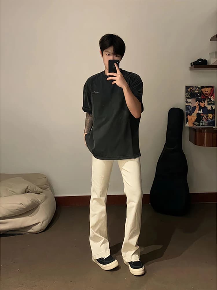 Jeans bianchi casual da uomo a gamba dritta, stile americano high street, resistenti all'usura, in misto cotone e poliestere, per primavera e autunno