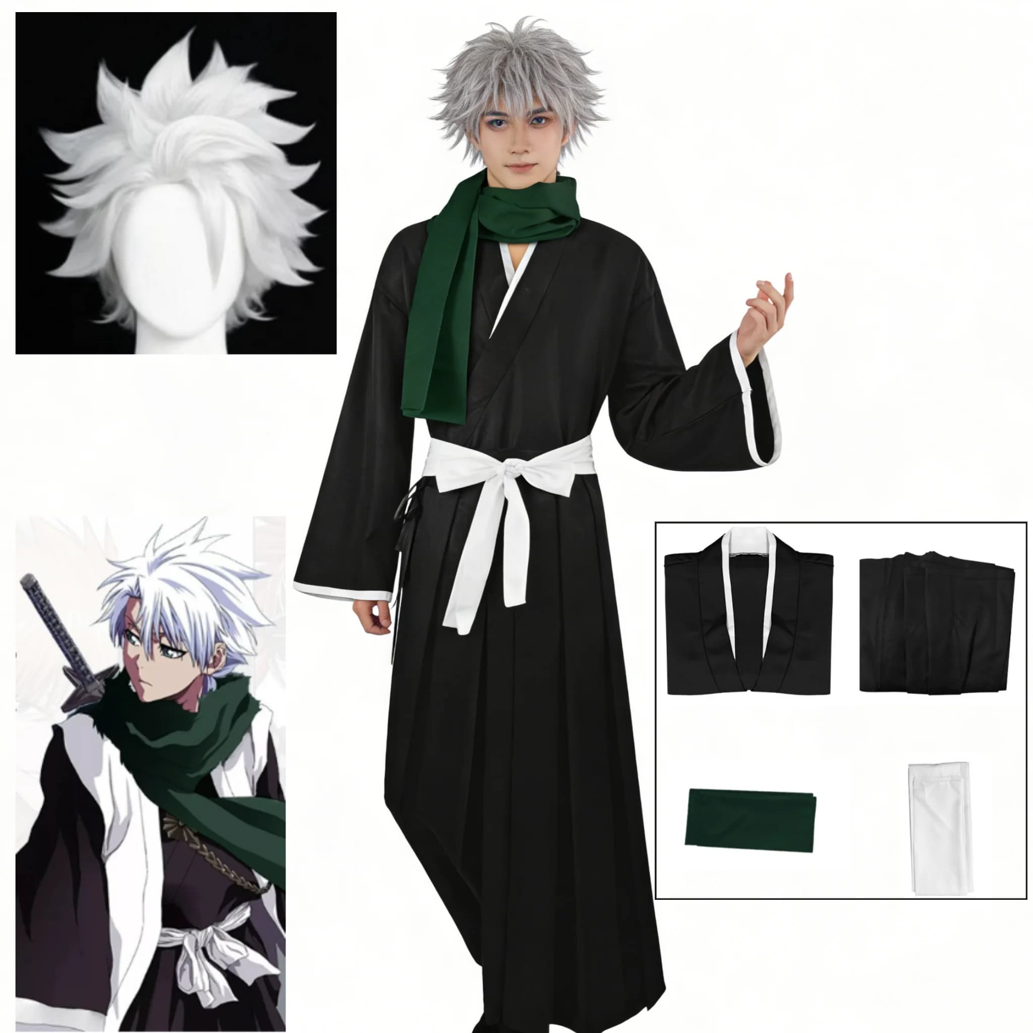 Anime BLEACH Hitsugaya Toshiro Costume Cosplay Parrucca Nero Bianco Vestiti Mantello Pantaloni Set Completo Halloween Anime Party Gioco di ruolo Vestito