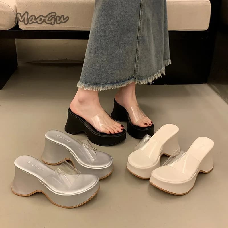 Transparent PVC Chunky Heel Sandals for Women Fashion Peep Toe Platform Sandals Woman 2025 Summer Thick Bottom Beach Slippers