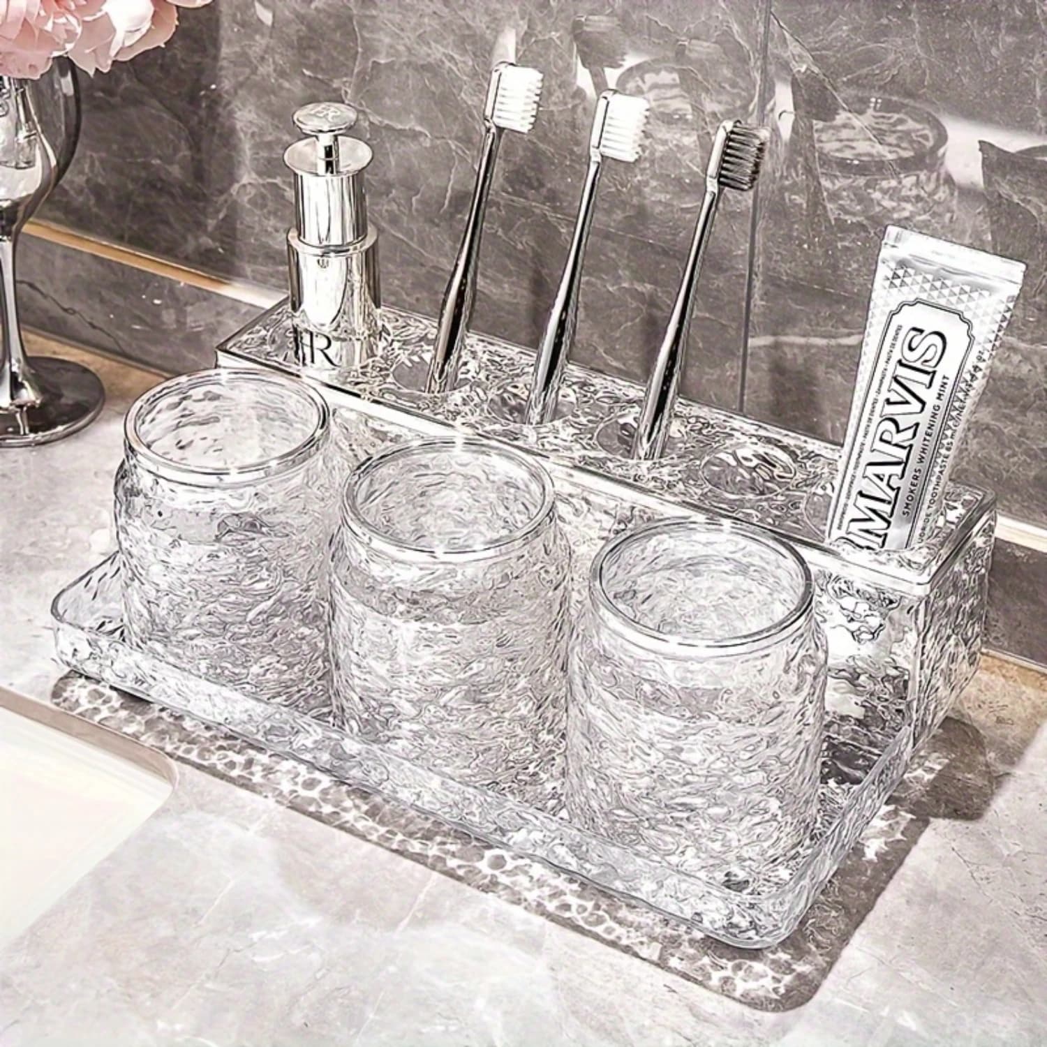 Set di supporti per scaffali per spazzolino da bagno da 3 tazze, supporto per collutorio per tazza di lavaggio dentifricio di lusso
