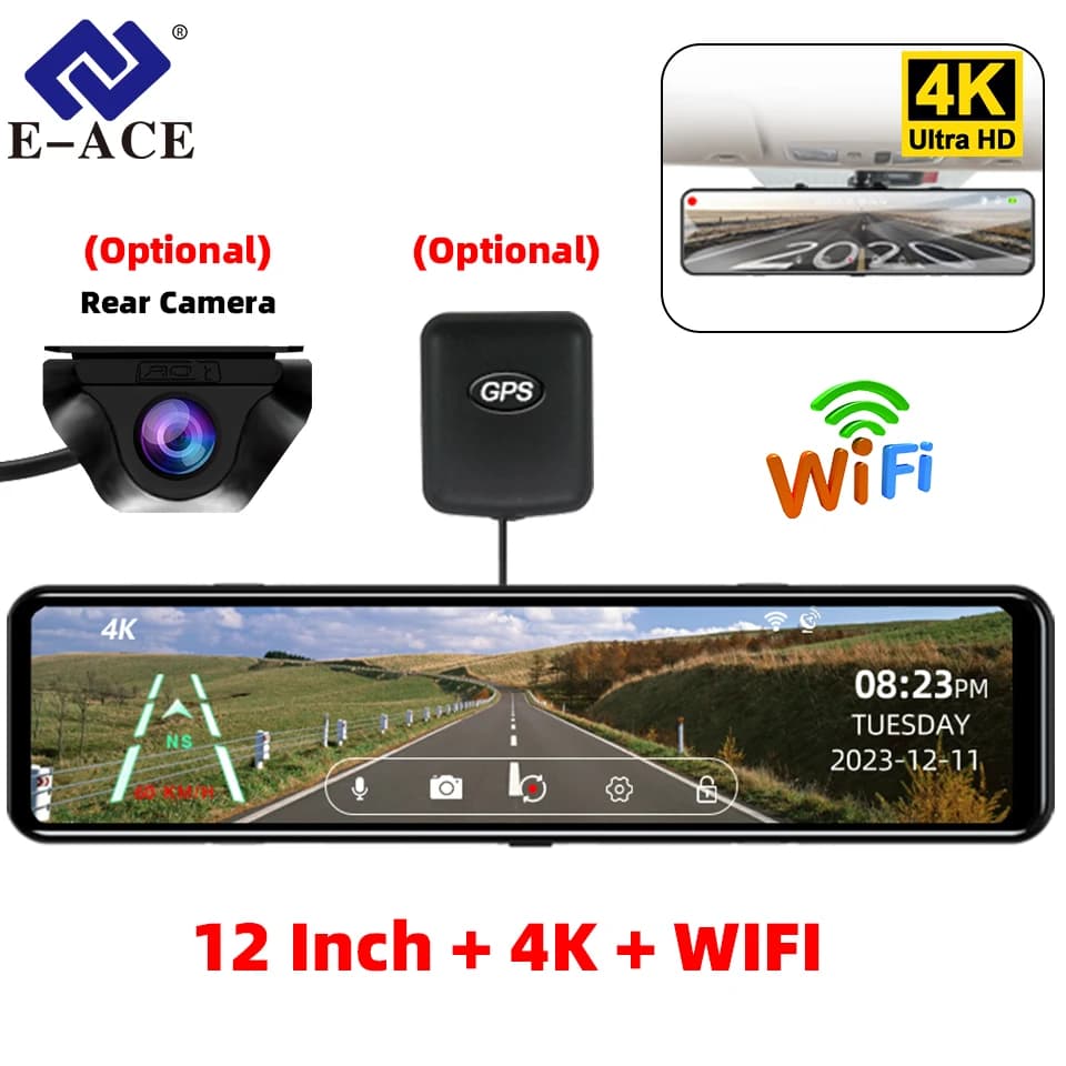 DVR recorder for cars with 4K rearview mirror GPS support WiFi 12 inch touch screen Night vision HD Dash Cam optional double lens
