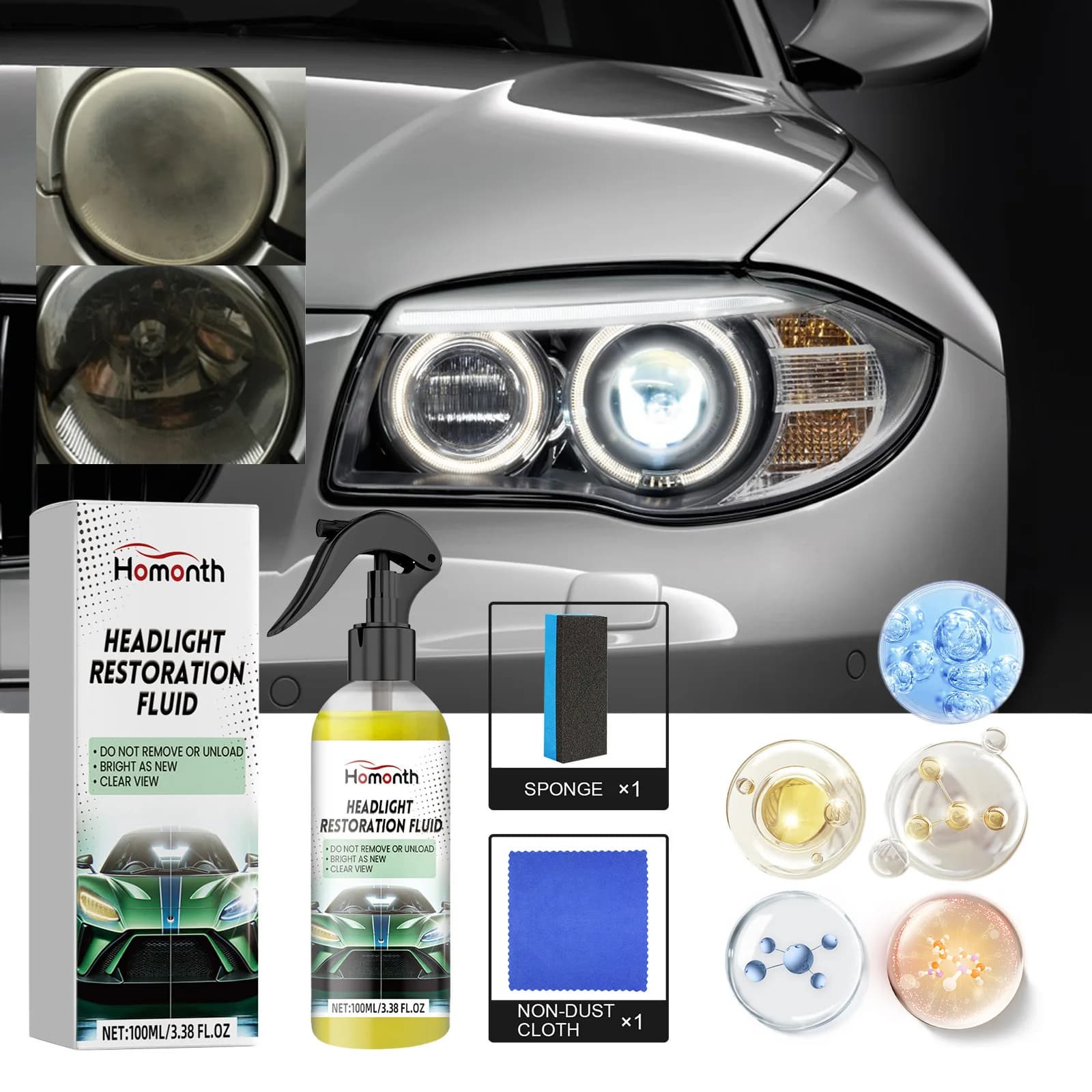 One Wipe Headlight Brightening Polish Liquid Restore Faded Cloudy Headlights Anti-Oxidation Film Car Headlamp Maintenance Fluid