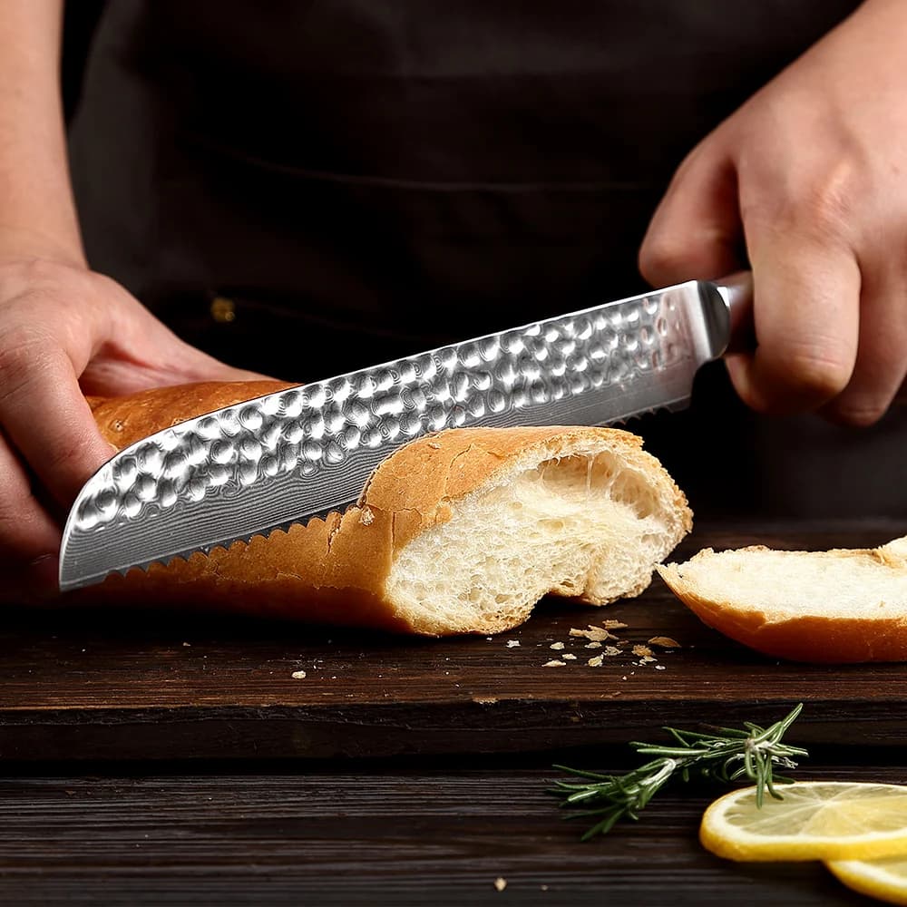 Stainless Steel Saw Knife Damasked with 8 Inch Blade, to Slice Homemade Bread, Bagel, Cakes