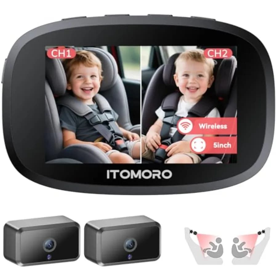 Telecamera Wireless Doppia per Auto con Monitor HD da 5'' Ricaricabile e Schermo Diviso, 2 Telecamere, Portata Massima 1000m
