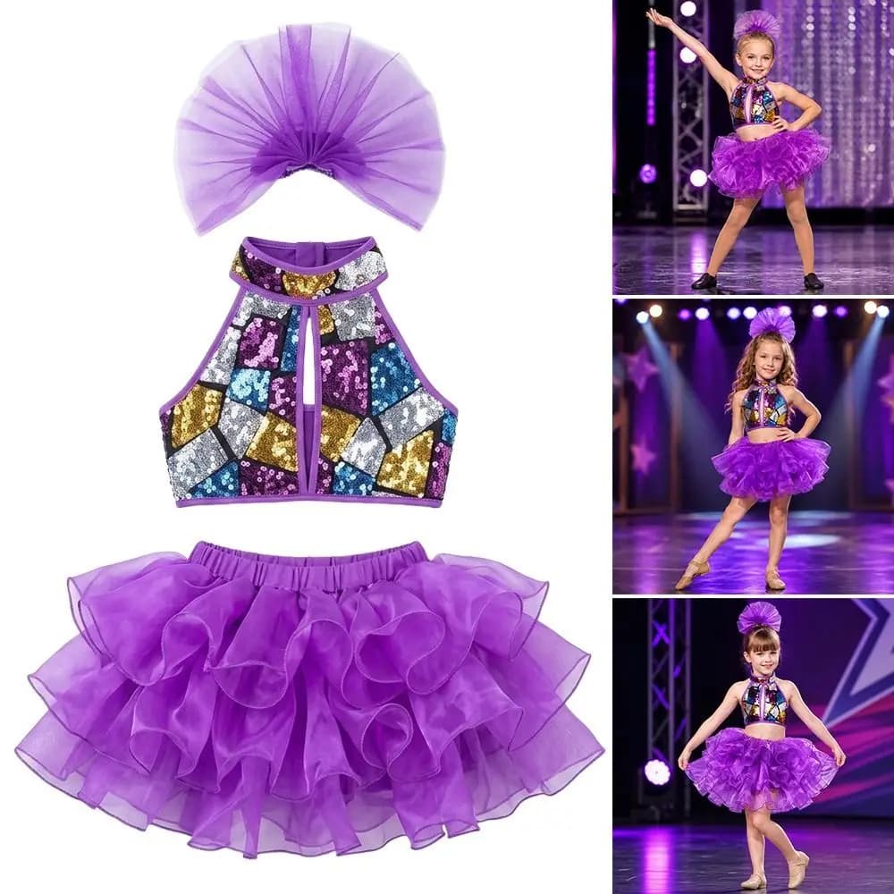 Fashion Sequins Girls Ballet Dress with Headwear Romantic Stage Performance Costume Dance Suit Modern Dance Princess Dress Dance
