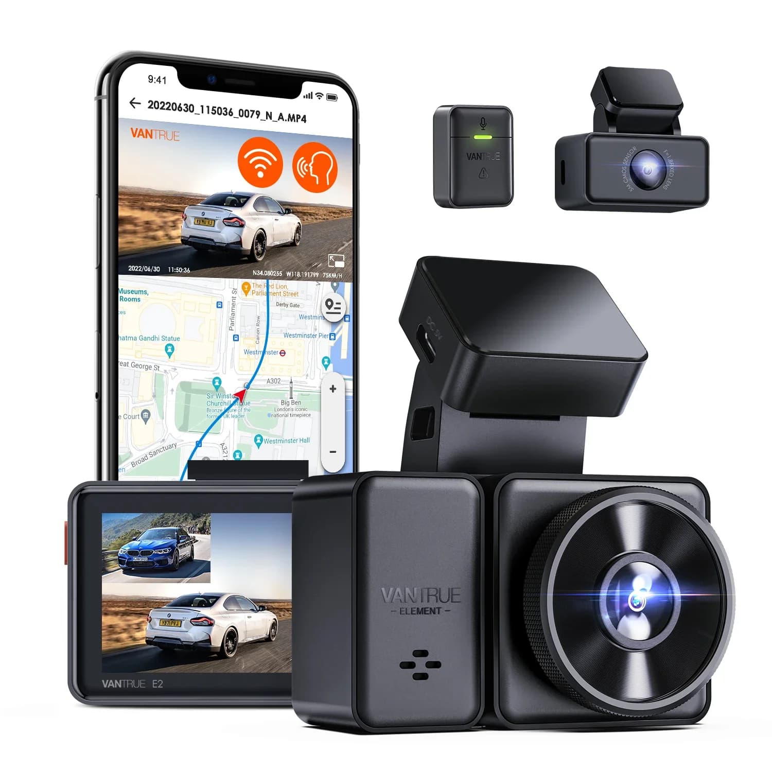 Vantrue E2 Dashcam for cars DVR 2.5K Dashcam front and back with 5G WiFi GPS Smart voice control Motion detection Night vision