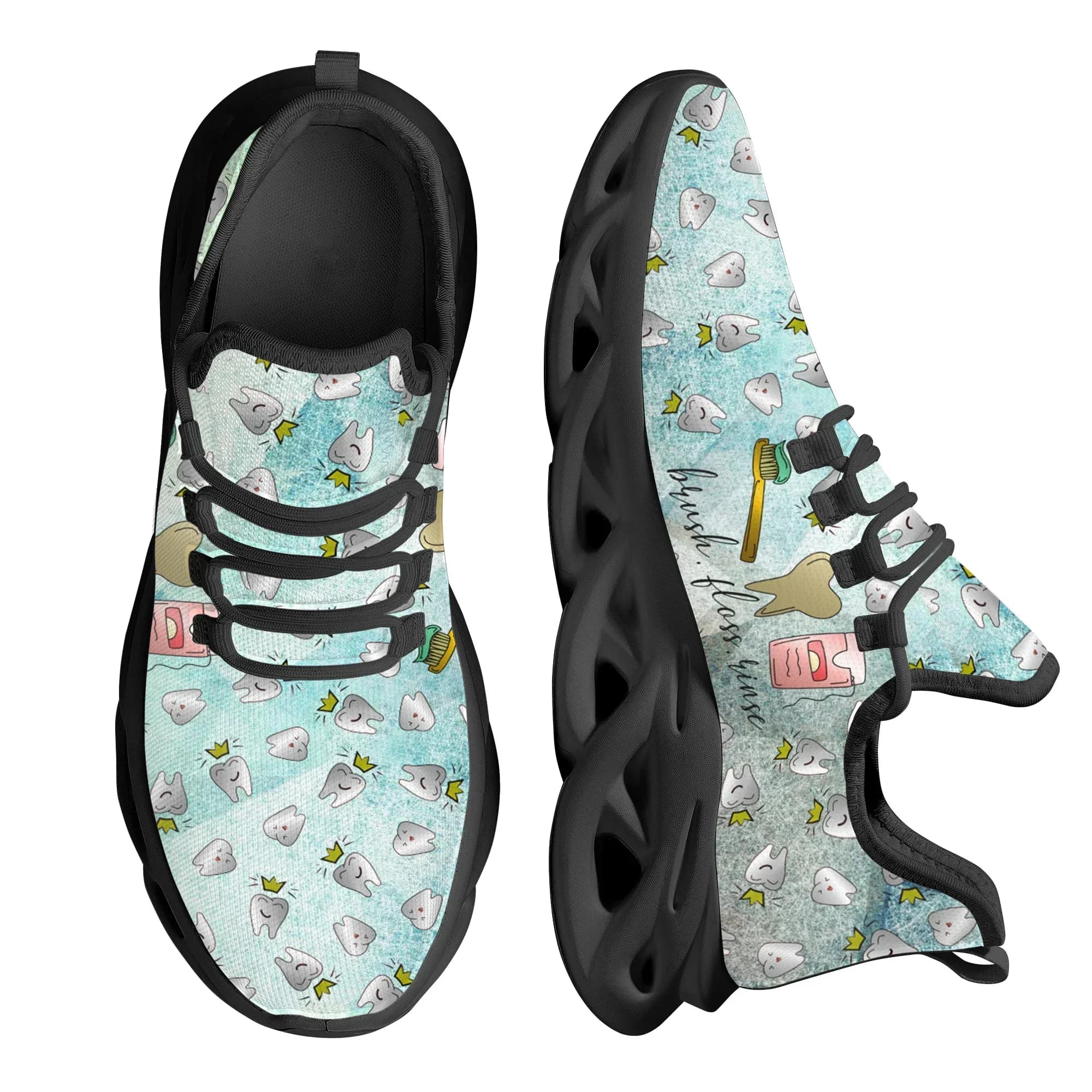 Scarpe da ginnastica da donna ammortizzanti alla moda con design a denti e spazzolino, scarpe da corsa piatte che proteggono i denti