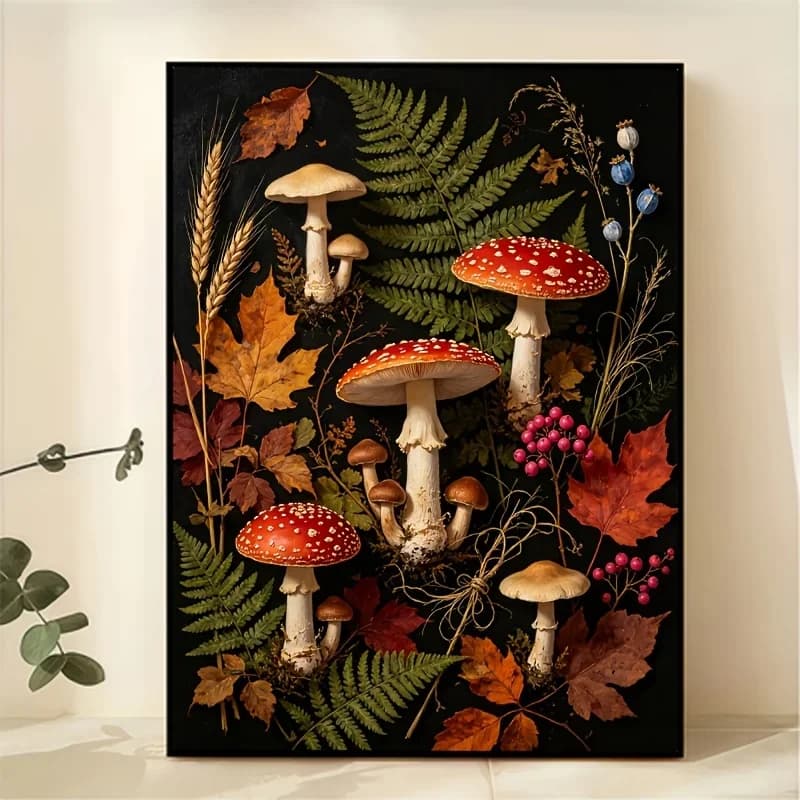 Professional Art Use 2D Flat, 1 Set of Adult DIY Paint by Numbers Kit, "Mushrooms and Autumn Leaf Plants," Includes Acrylic Pain