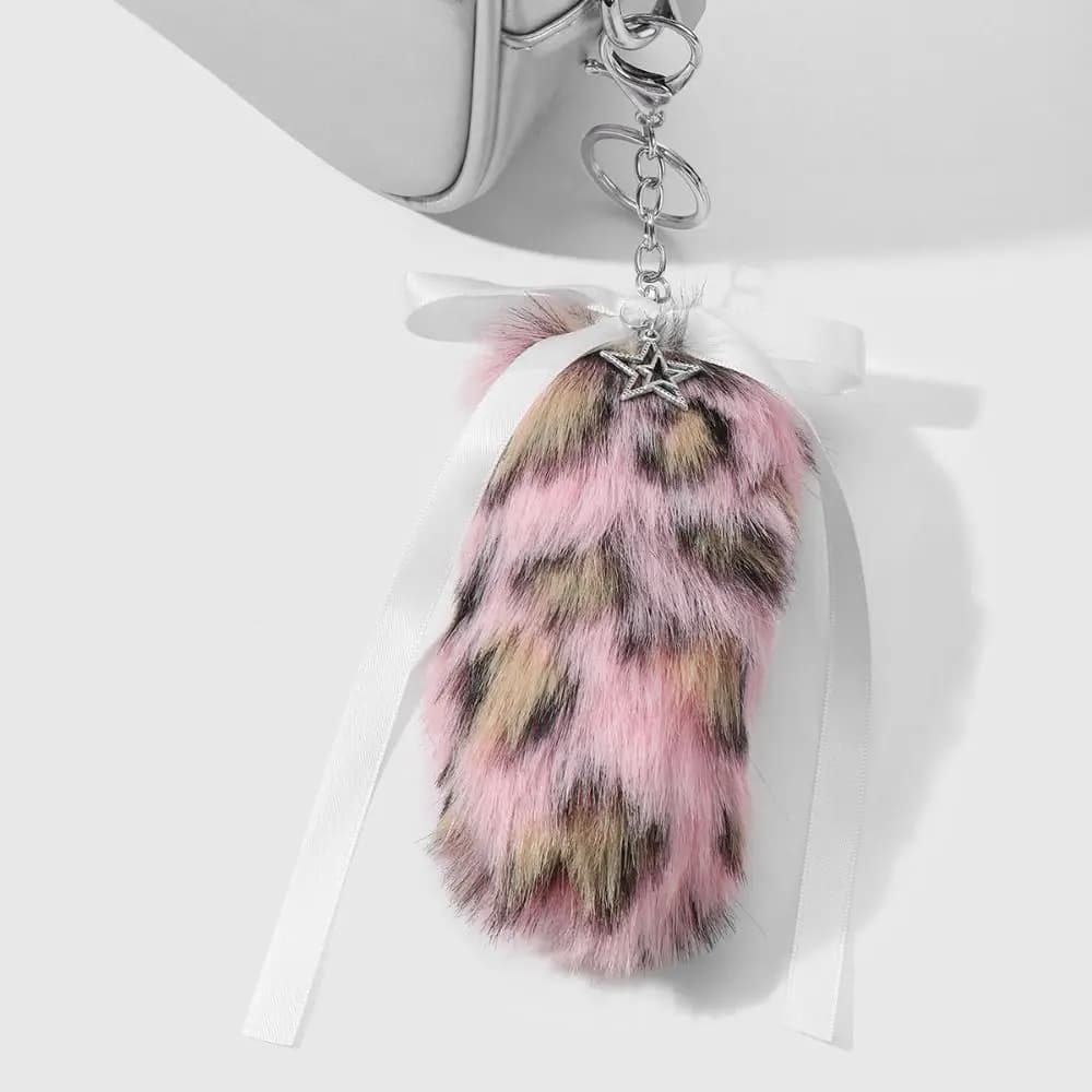 Portachiavi con Coda Soffice Stile Y2K, Stampa Leopardata, Charm Fai-da-Te per Borse, Regalo Morbido, Ciondolo per Zaino