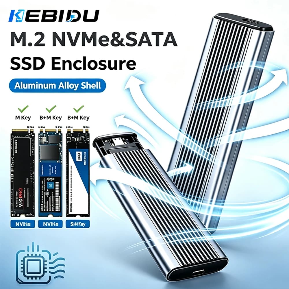KEBIDU M.2 NVMe SATA SSD Enclosure USB3.1 Gen2 10Gbps Tool Free Metal Heat Dissipation External SSD Case For 2230 2242 2260 2280