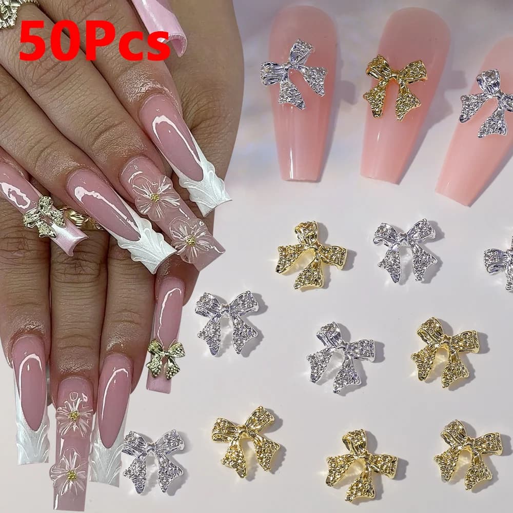 50 pieces gold/silver bowknot 3d nail art charms alloy kawaii butterfly/shipper nail decorations accessories for luxury manicure diy