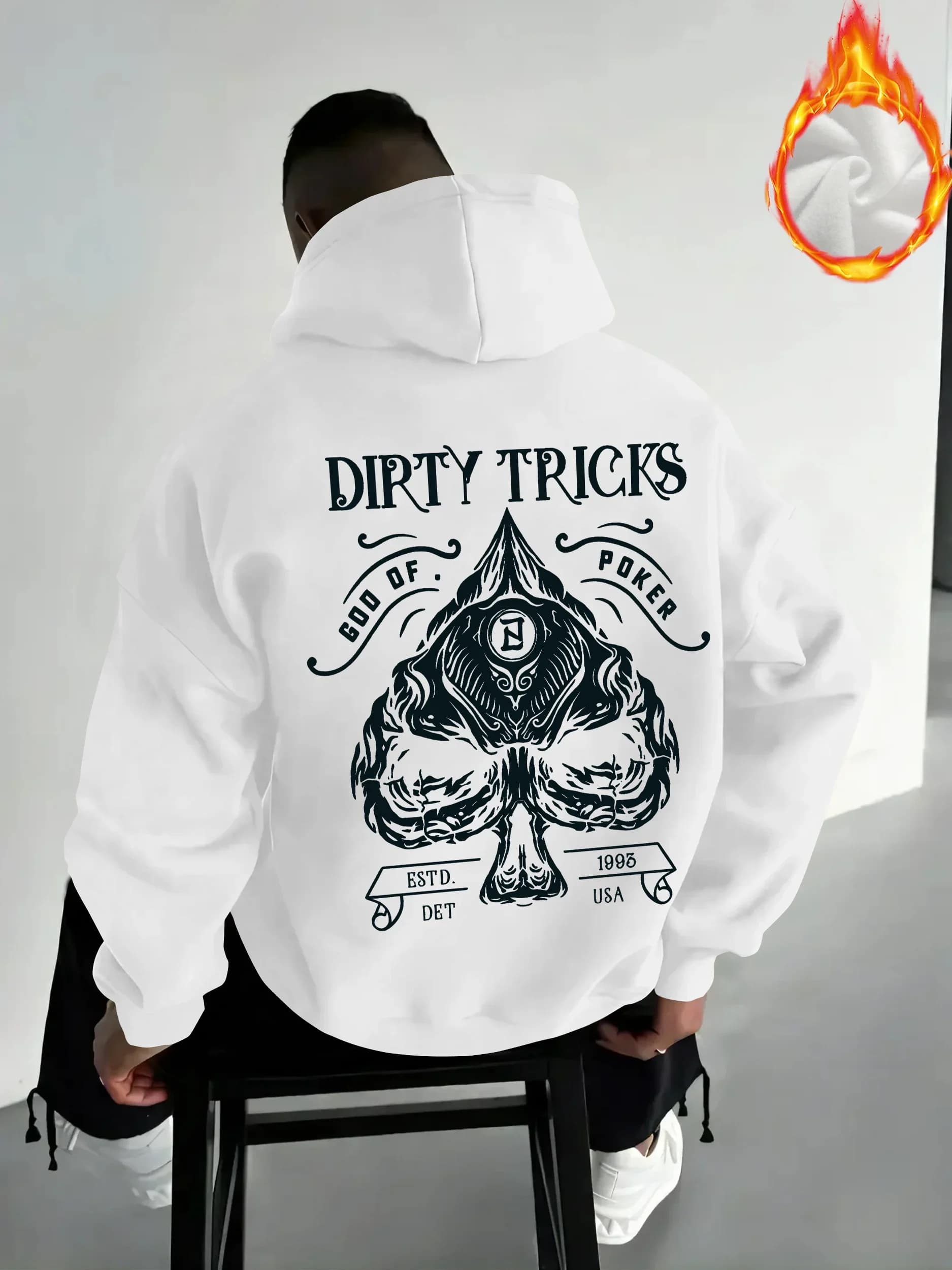 Men Women Dirty Tricks God Of Poker Graphic Hoodie Spade Back Print Vintage Tattoo Style Loose Fleece Hooded Pullover
