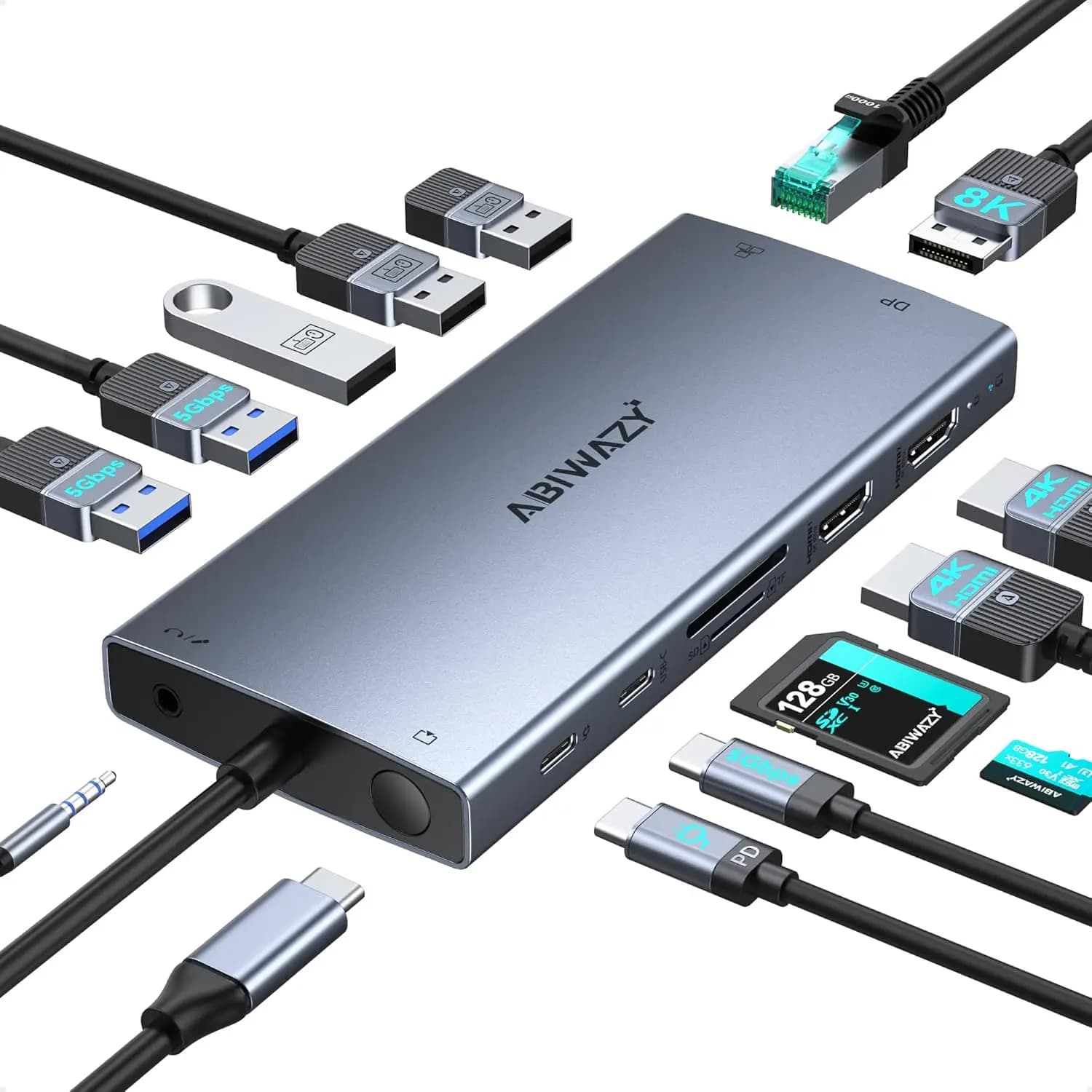Docking station USB C 15 in 1 per laptop, supporto triplo monitor con DisplayPort 8K, ricarica PD da 100 W