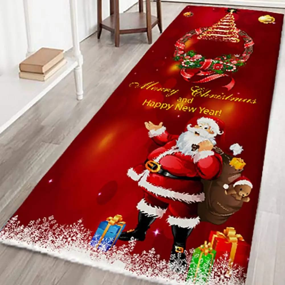 VIKAMA Christmas Runner Rug Santa Snowmen Reindeer Floor Mat Christmas Decoration Indoor Red Soft Flannel Carpet Home Decoration