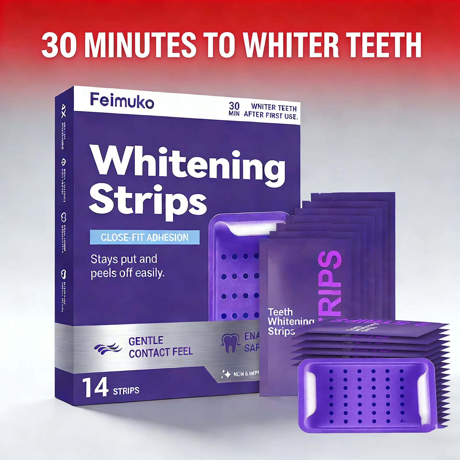 Purple whitening strips for sensitive teeth, remove stains of smoke and coffee, improve dental implantation for a bright and lasting smile