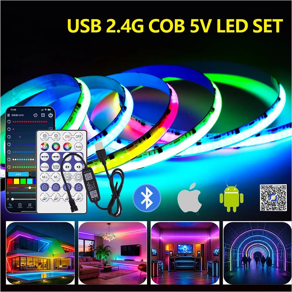 5V WS2811 RGB COB Strip with USB Controller Bluetooth Smart APP Control 720 LEDs Sound Activated Music Modes Running Waterfall E