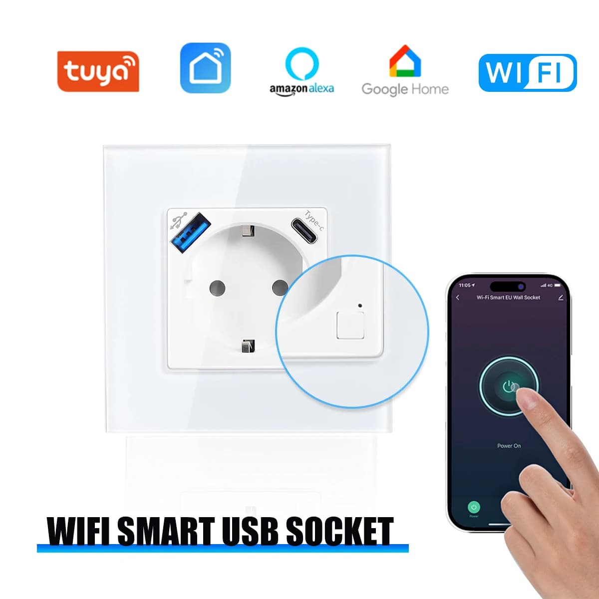 GEYA WiFi EU Smart Grip with 20W USB Type-C Ports for Quick Charging, Compatible with Tuya Smart Life and Alexa App, 16A