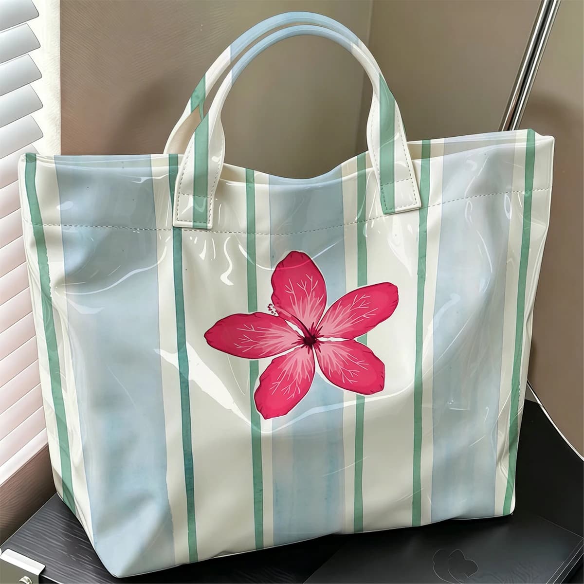 Stripe Hibiscus Flower Cute Large Glossy PVC Tote Bag Hand Washable Lightweight Soft for Travel Commute Makeup Storage Handbags