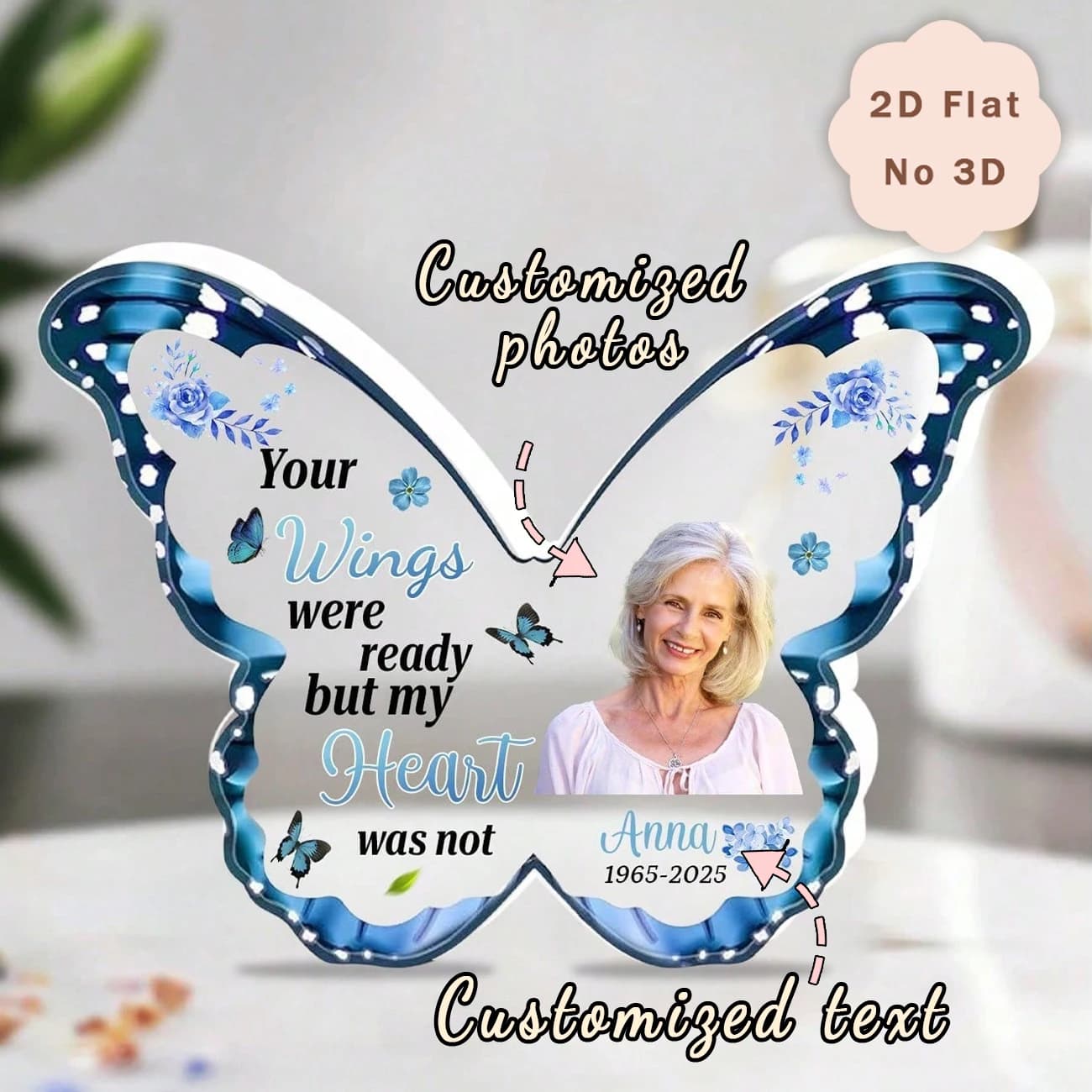 Custom Butterfly Shaped Memorial Acrylic Plaque, Personalized Photo Name Date Bereavement Sign, Sympathy Remembrance Gift Tablet
