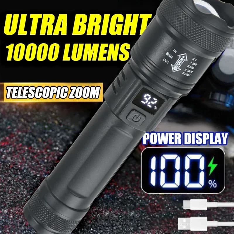 9900LM Powerful LED Flashlight Battery Display USB Rechargeable Light Telescopic Zoom Torch Lamp Outdoor Camping Fishing Lantern