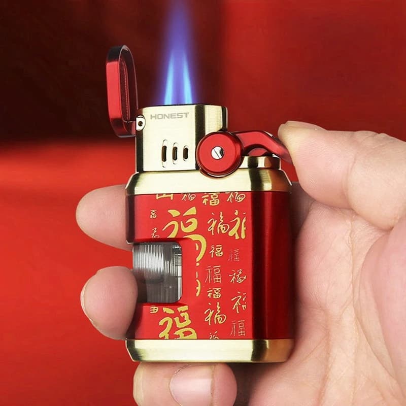 2026 HONEST Metal Double Flame Cigar Lighter Outdoor Windproof Perspective Window Inflatable Lighter High End Men's Smoking Gift