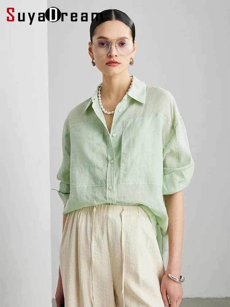 SuyaDream, camicie larghe da donna, 100% rami, colletto rovesciato, camicette tinta unita chic, top accogliente primavera estate 2025, verde, bianco