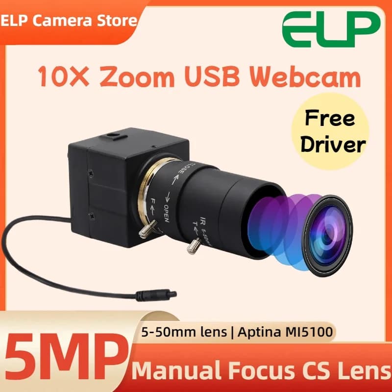 USB Camera ELP 5MP 2592×1944 Aptina MI5100 with Zoom Optical 10x 5-50mm, CS Goal Manual, UVC OTG Webcam for Windows, Linux, Android, MAC