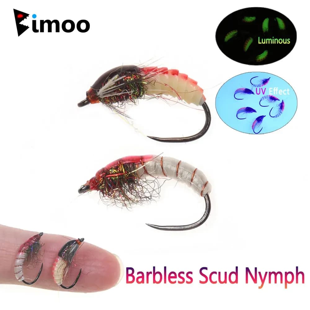Bimoo 6 pezzi # 12 luminosas y UV sin púas Scud ninfa mosca de hundimiento rápido Caddis gusano camarón mosca para trucha Grayling perca señuelo de pesca