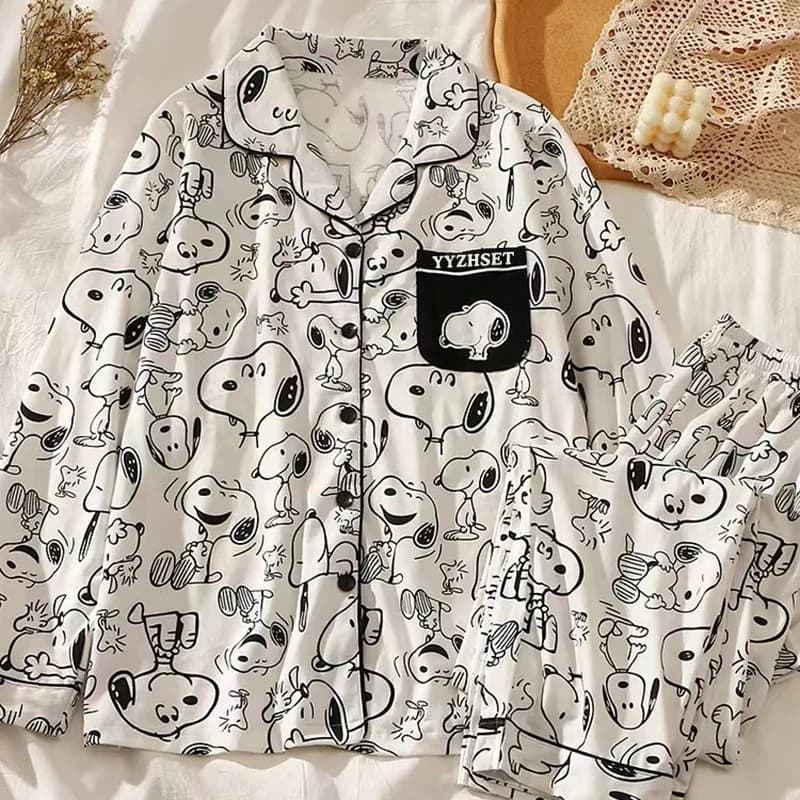 Set Pigiama Autunnale a Maniche Lunghe con Motivo Snoopy per Donne, Accessori Kawaii Anime, Set Casual Leggero per Casa, Regalo