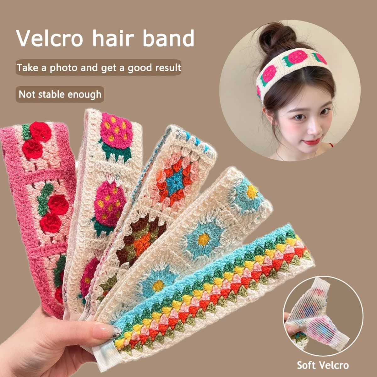 Fascia per capelli in velcro per donna, ricamo lavorato a maglia, strumento per la gestione dei capelli disordinati, ideale per vari tipi di capelli, autunno, inverno