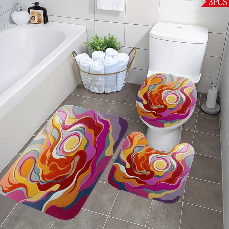 Set da Bagno Astratto a Spirale Tre Pezzi: Tappetino, Copriwater e Tappeto a U Morbido Antiscivolo Lavabile in Lavatrice per Arredo Bagno