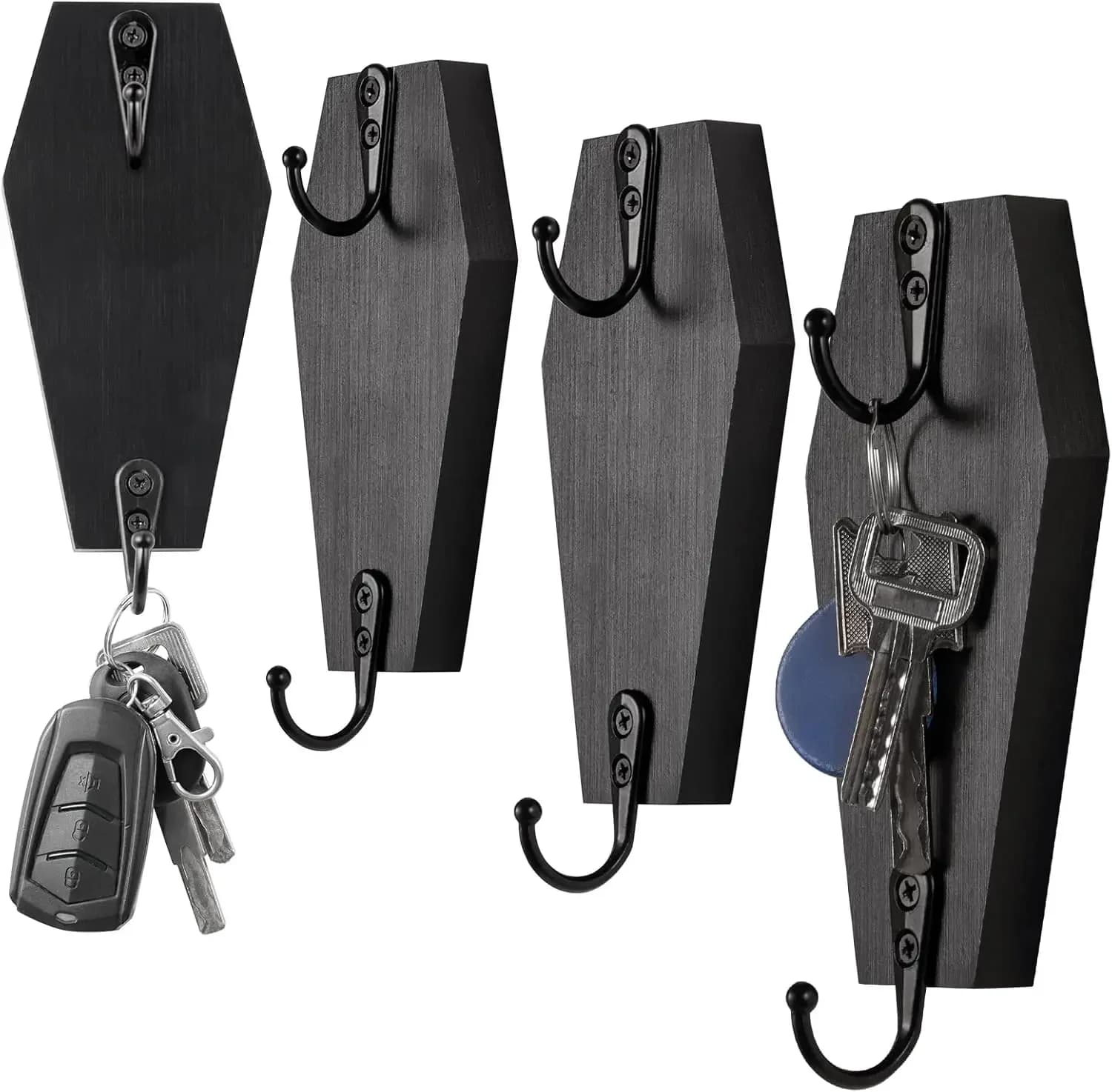 4 Piece Coffin Wall Hanging for Keys - Weird Gothic Home Decor for Walls - Rustic Black Wooden Hangers for Keys, Mugs, Wallets, Towels, Clothes - Wall Mounted Mini Coffin Hangers for Halloween Decor