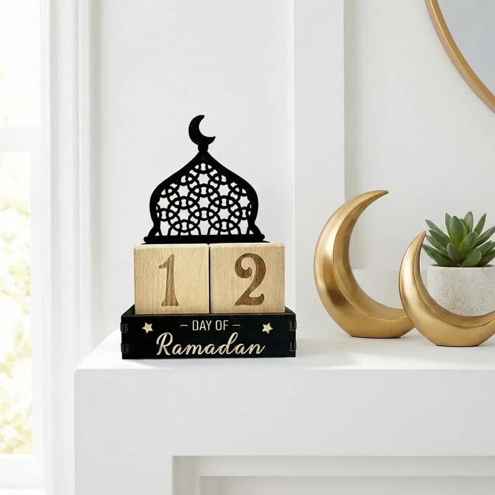 Calendario in Legno Eid Mubarak con Blocchi Decorativi Luna e Castello, Calendario dell'Avvento per il Ramadan con Date Regolabili, Calendario Conto alla Rovescia per il Ramadan