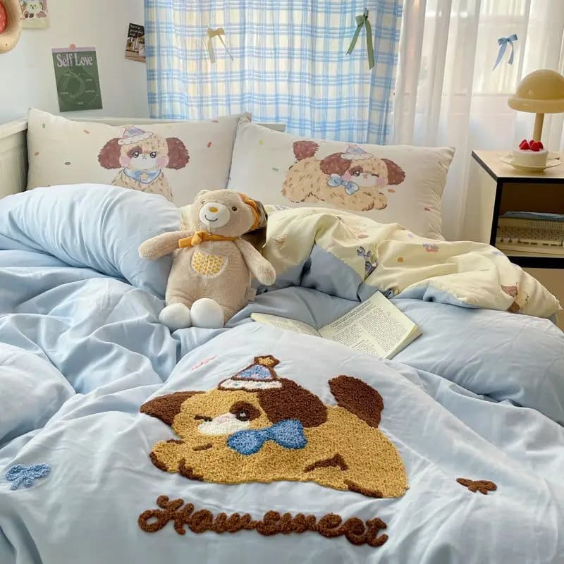 Set di biancheria da letto per cani carino con ricamo per ragazze e ragazzi, morbido, copripiumino singolo queen size, cerniera, senza riempitivo, federa in lenzuolo piatto