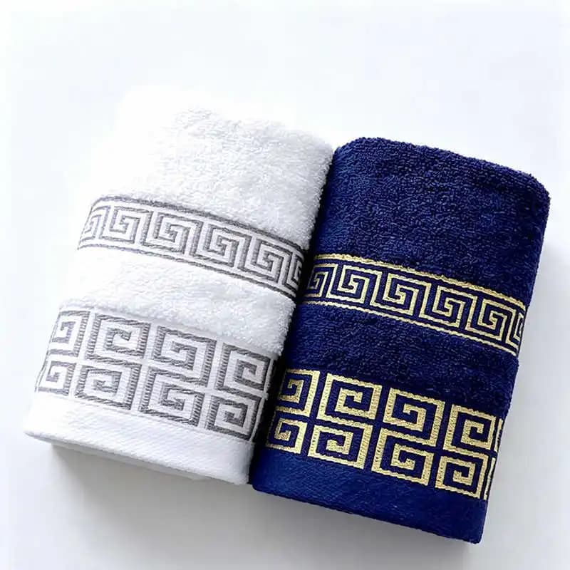 Asciugamano Viso Geometrico 100% Cotone 35x75cm Blu Bianco in Spugna per Sport, Palestra, Bagno, Viaggi, Nuoto, Corsa