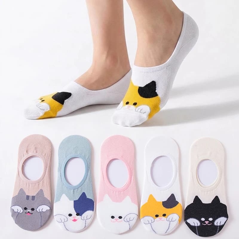 5 paia di calzini coreani da donna, carini, stile Harajuku, con animali dei cartoni animati, gatti, estivi, casual, divertenti, sottili, morbidi, in silicone, antiscivolo, invisibili.