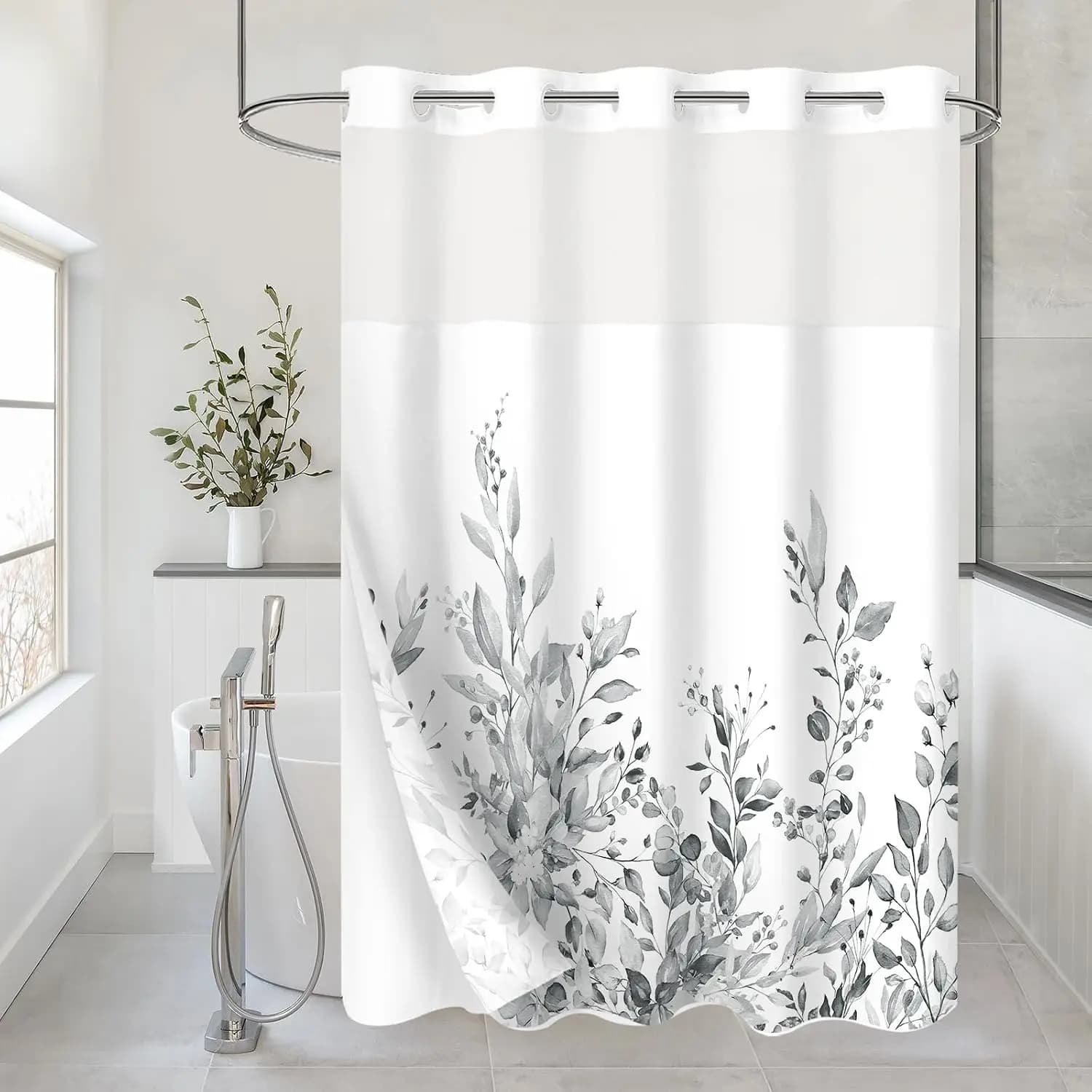 Extra Long No Hook Shower Curtain Set - 72x86 Inches, Hotel Style Double Layers with See-Through Top Window, Grey Eucalyptus Leaves