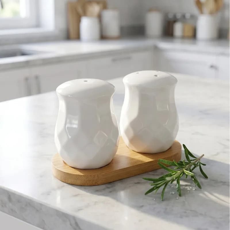 Korean creative diamond pattern pepper powder bottle set bamboo base Simple white condiment bottle Salt cumin jar Kitchenware