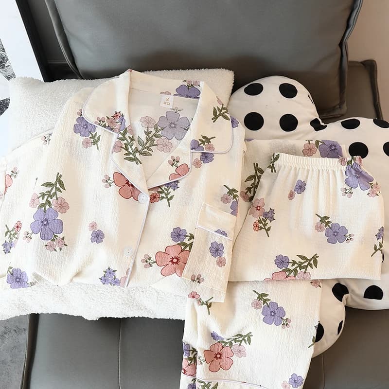 New Flower Print Cute Kawaii Pajama Home Wear for Women Pajamas Autumn Sleepwear Lounge Wear Long Sleeve Top Pant 2PC Pajama Set